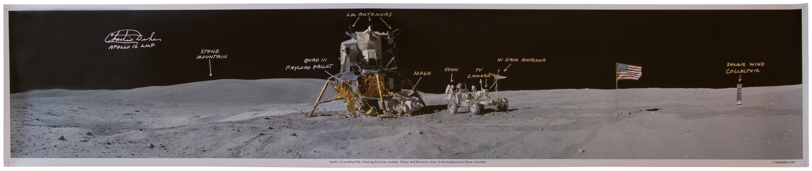 Charlie Duke Signed 40'' x 8'' Panoramic Photo of the Moon During the Apollo 16 Mission -- Duke Also Handwrites Objects in the Photo Including Fellow Astronaut ''John'' Young